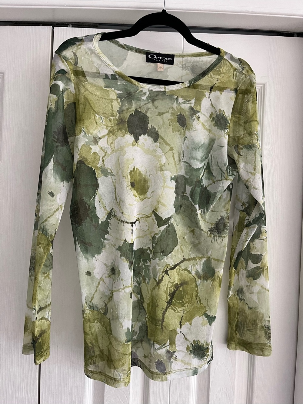 OPTIONS FOR HER Mesh Tie-Dye Top in Olive Green pattern, size L.